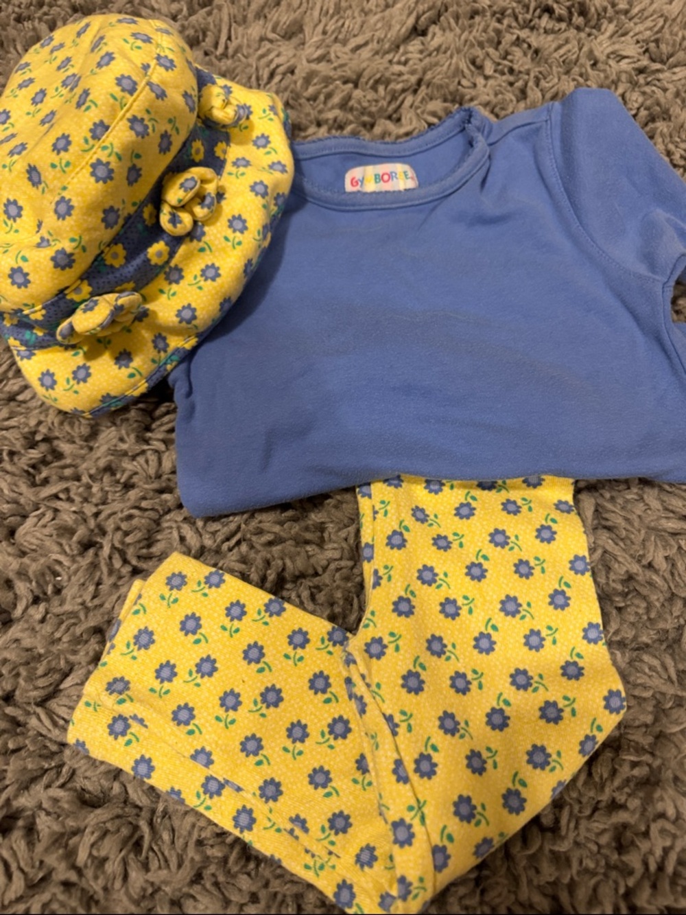 Vintage Gymboree Blue Tee with Yellow Floral Hat & Leggings.